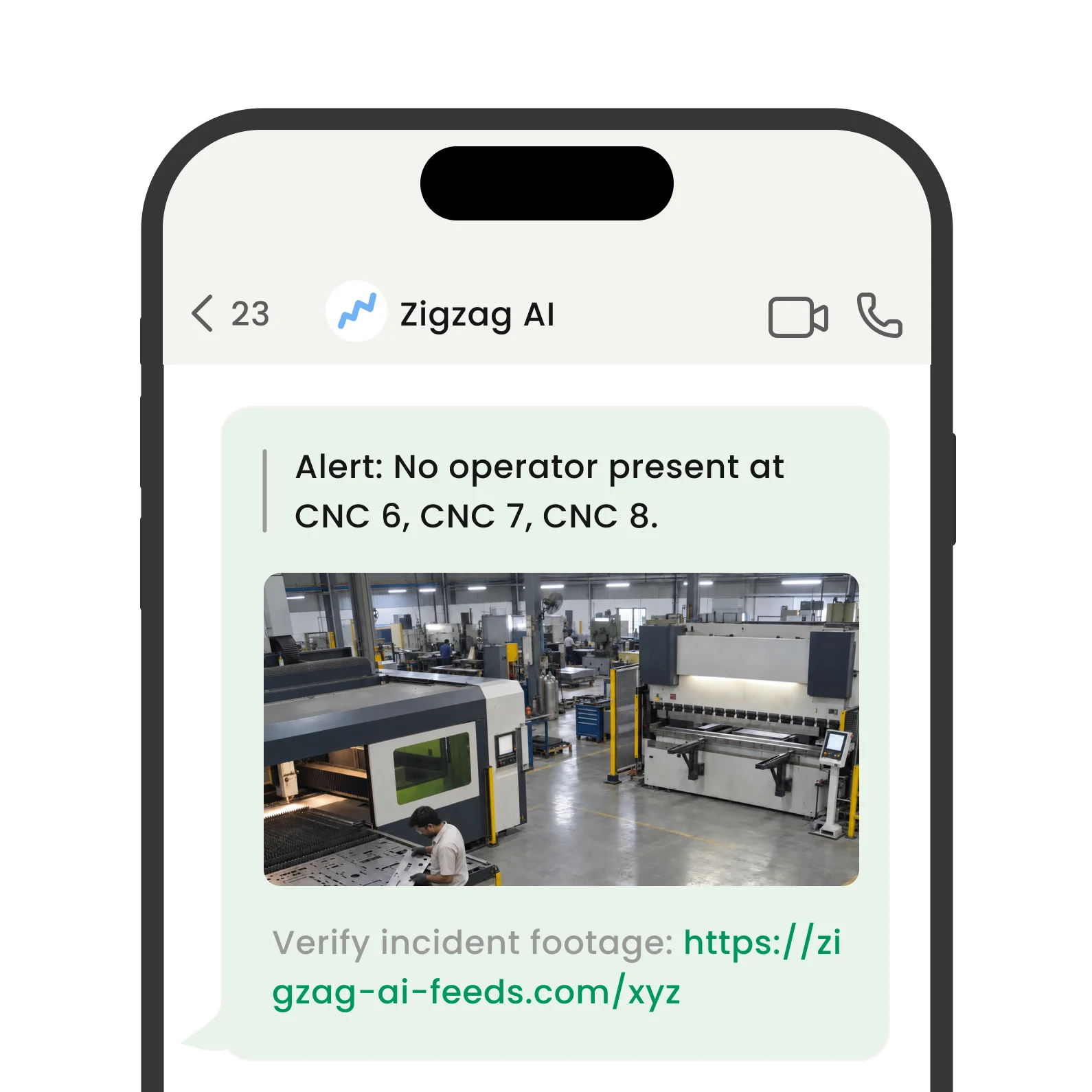 WhatsApp alert that no operator is present at CNC 6, 7, and 8