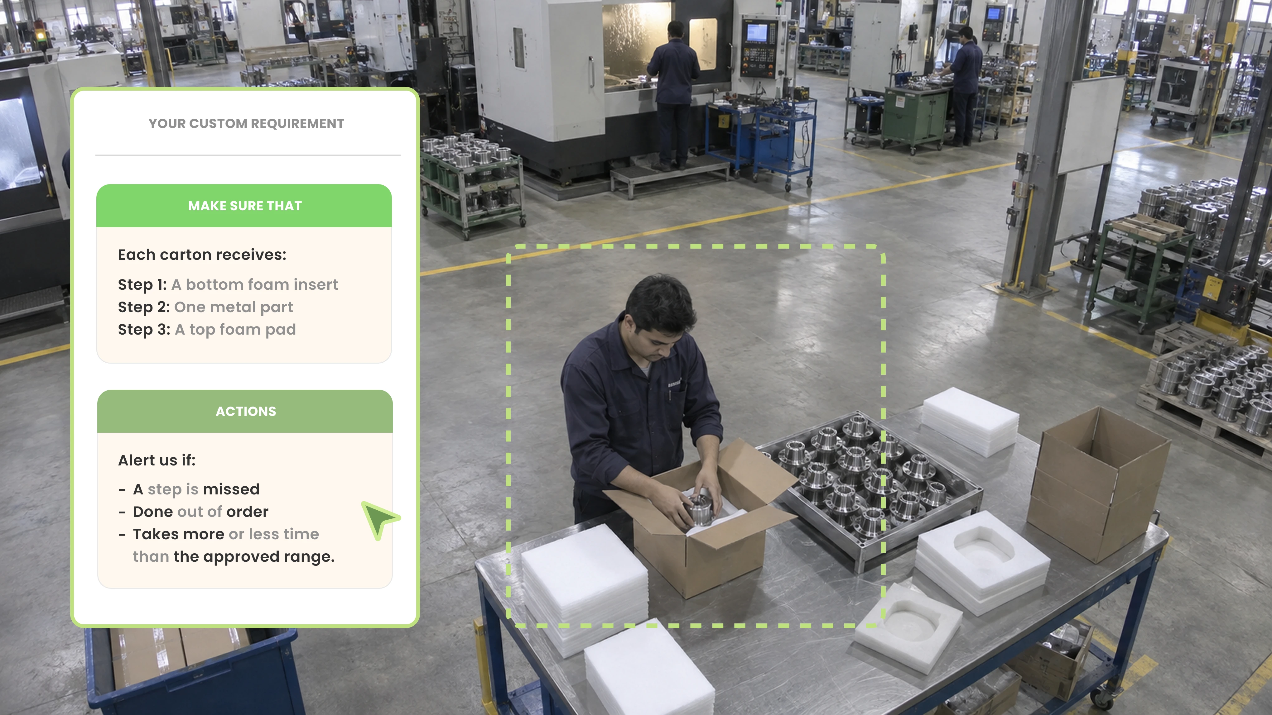 Custom packing rule: each carton gets foam, a metal part, then foam, with alerts for missed or out-of-order steps