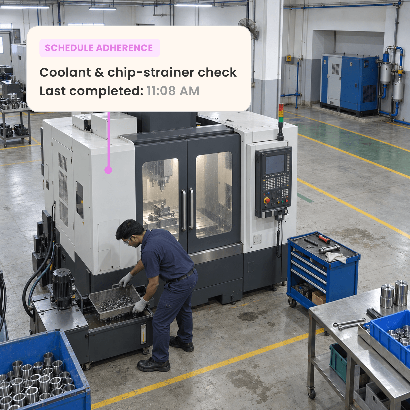 CNC station with a schedule note for the coolant and chip-strainer check