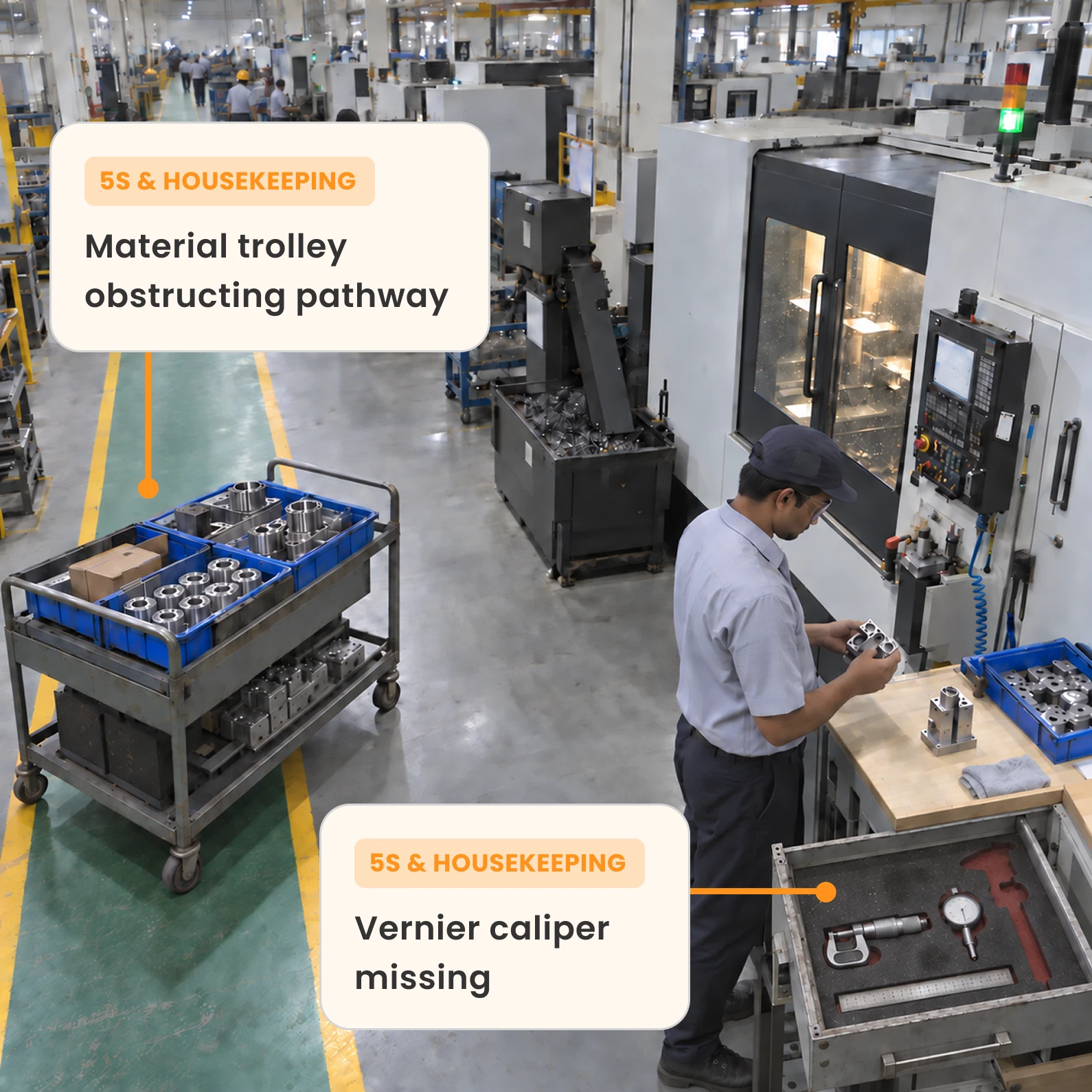 5S and housekeeping: material trolley obstructing a pathway, vernier caliper missing