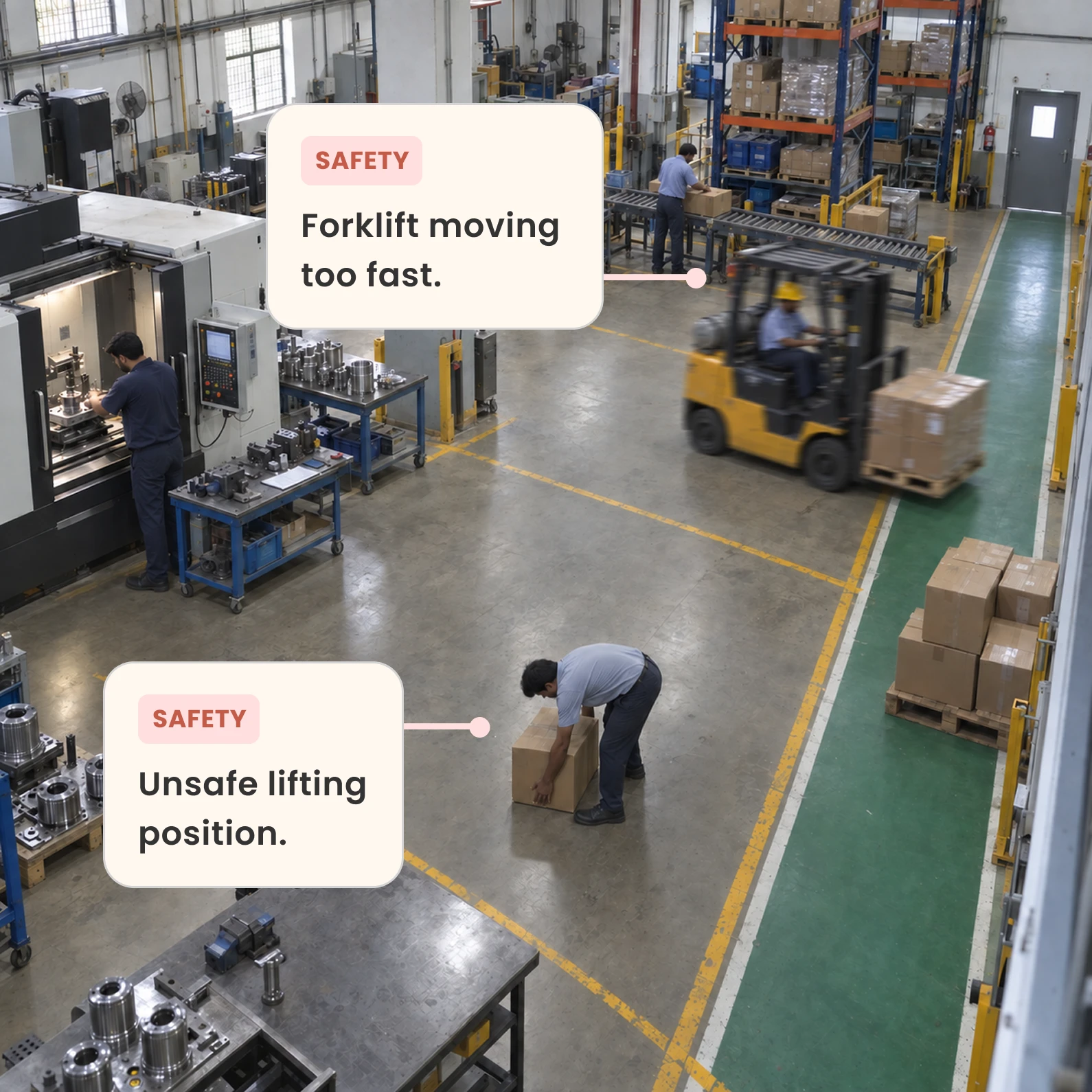 Safety: forklift moving too fast and an unsafe lifting position