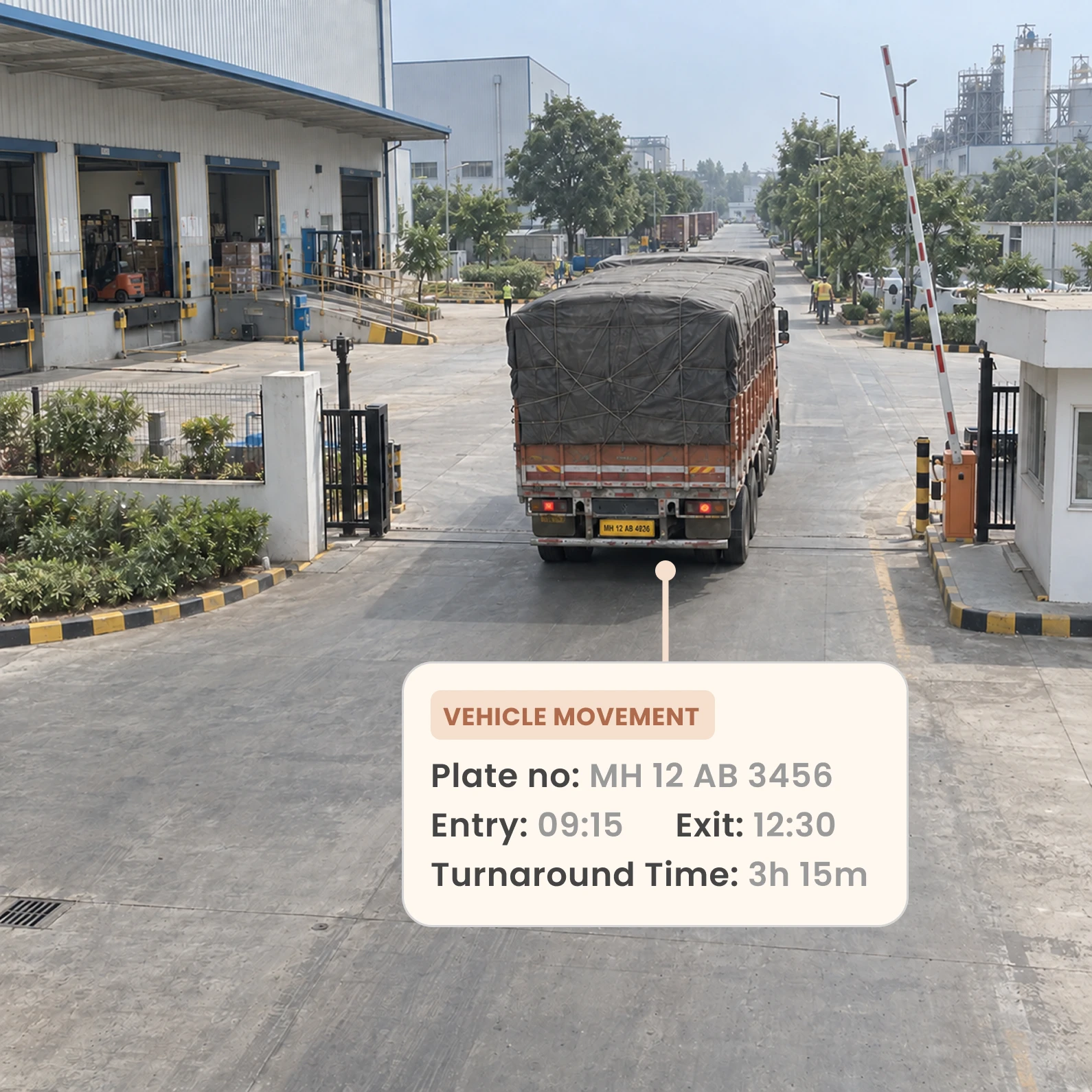 Vehicle movement with plate number, entry and exit times, and turnaround time