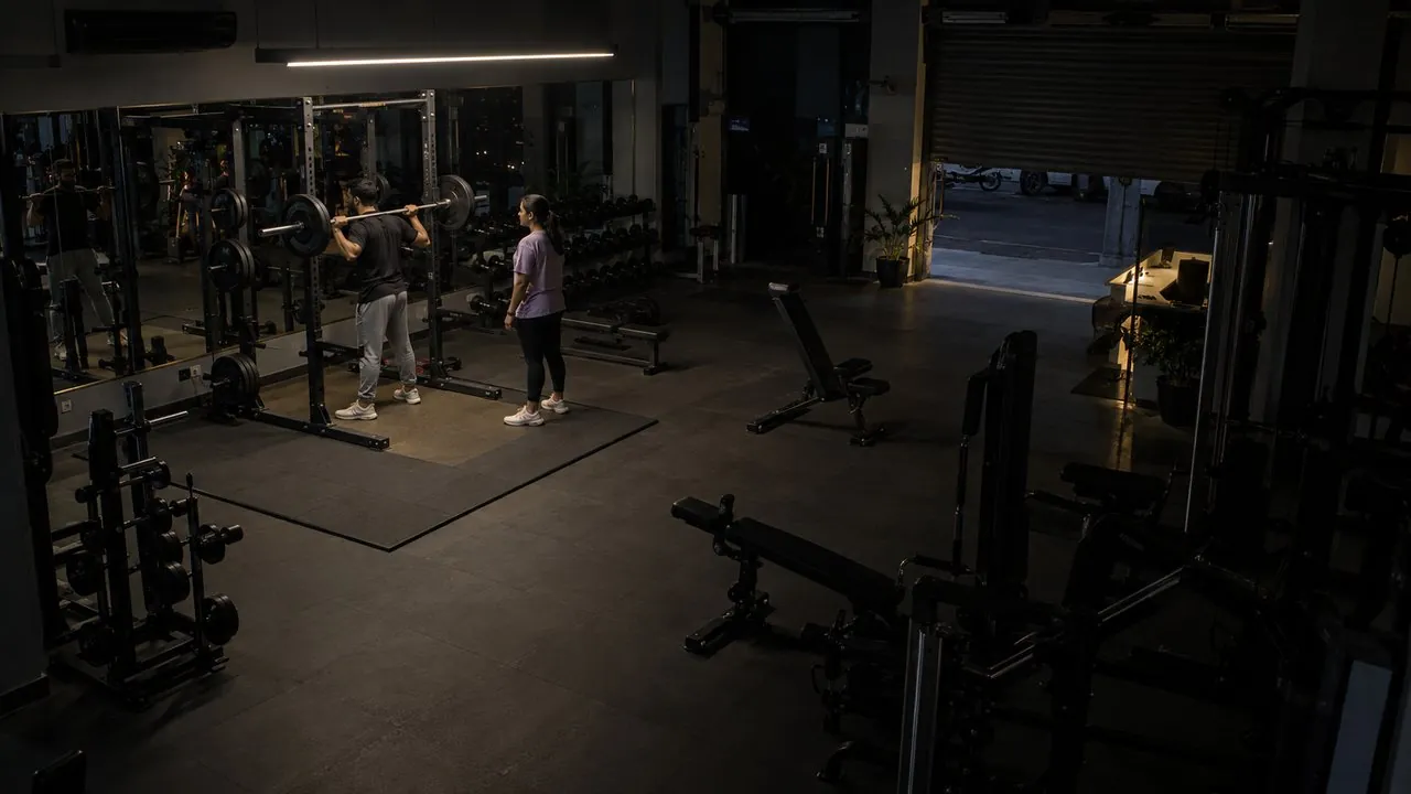 2 people training after closing, shutter half open