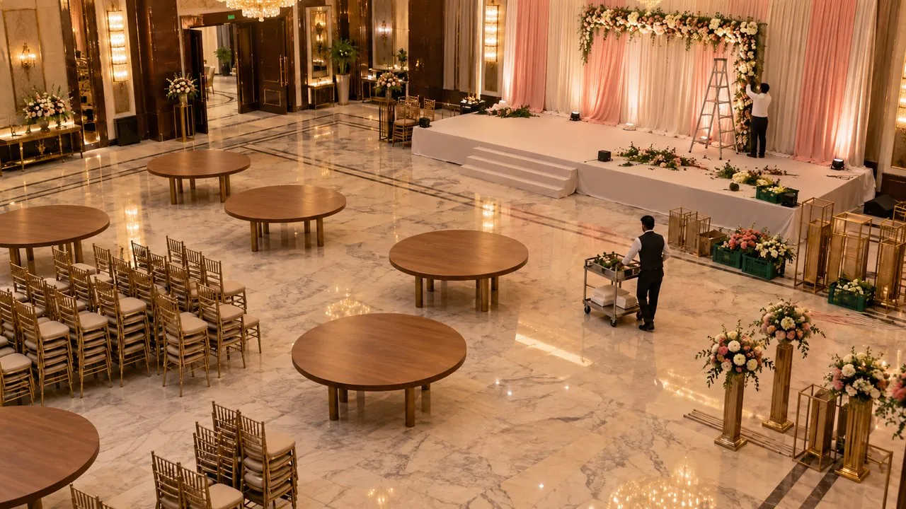 Wedding at 7:30 PM. At 6:45, tables still bare