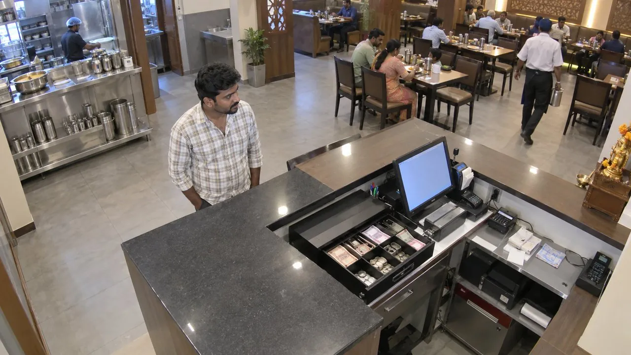 Cash drawer left open, cashier away, a customer at the counter