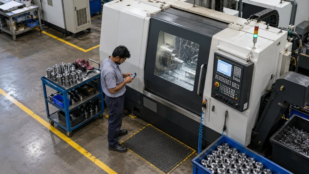 Operator on the phone for 6 min while the lathe runs
