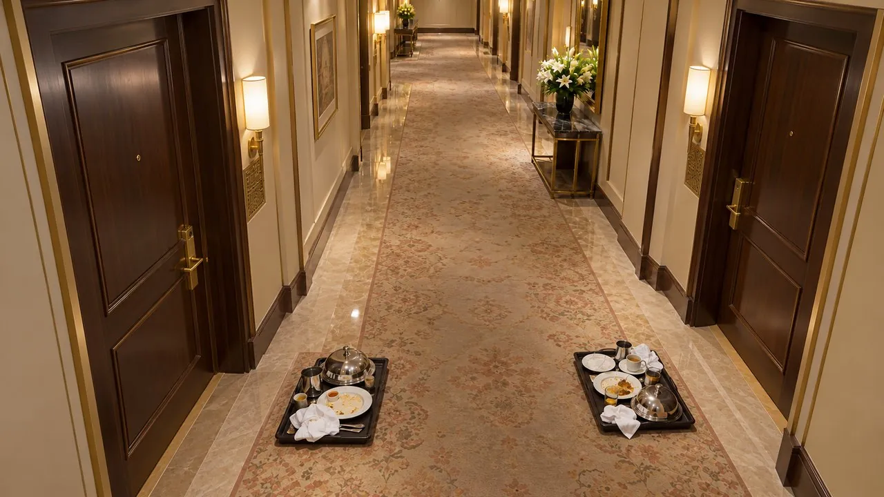 Room-service trays outside 2 rooms for 2 hours
