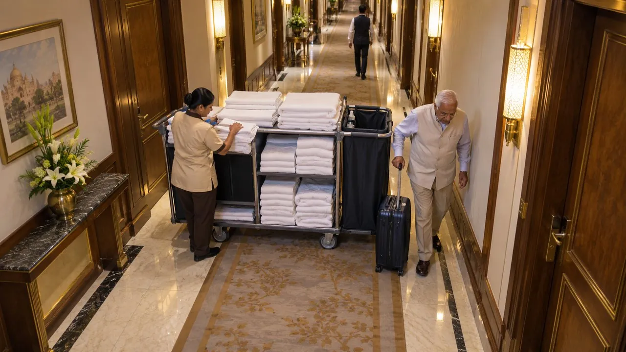 Linen trolley blocking the corridor, a guest squeezing past