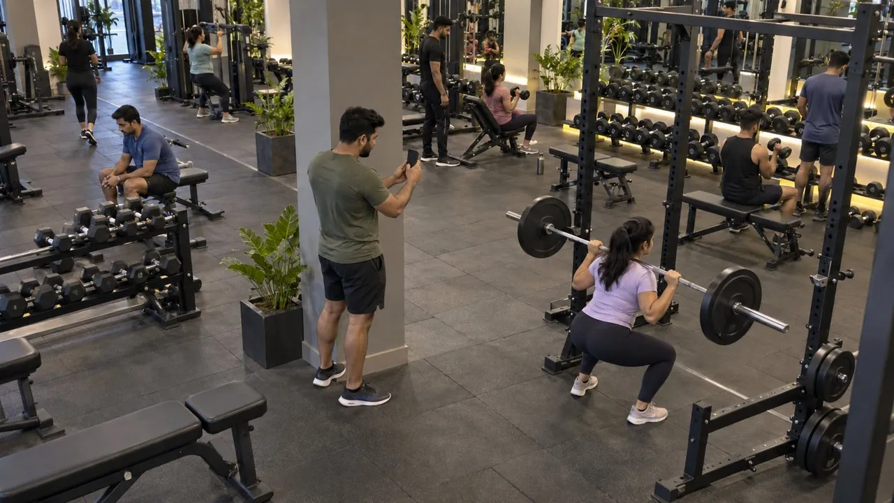 Phone held up towards a woman training, for 40 s