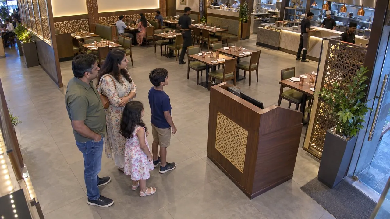 Family waiting at an empty host stand for 3 min