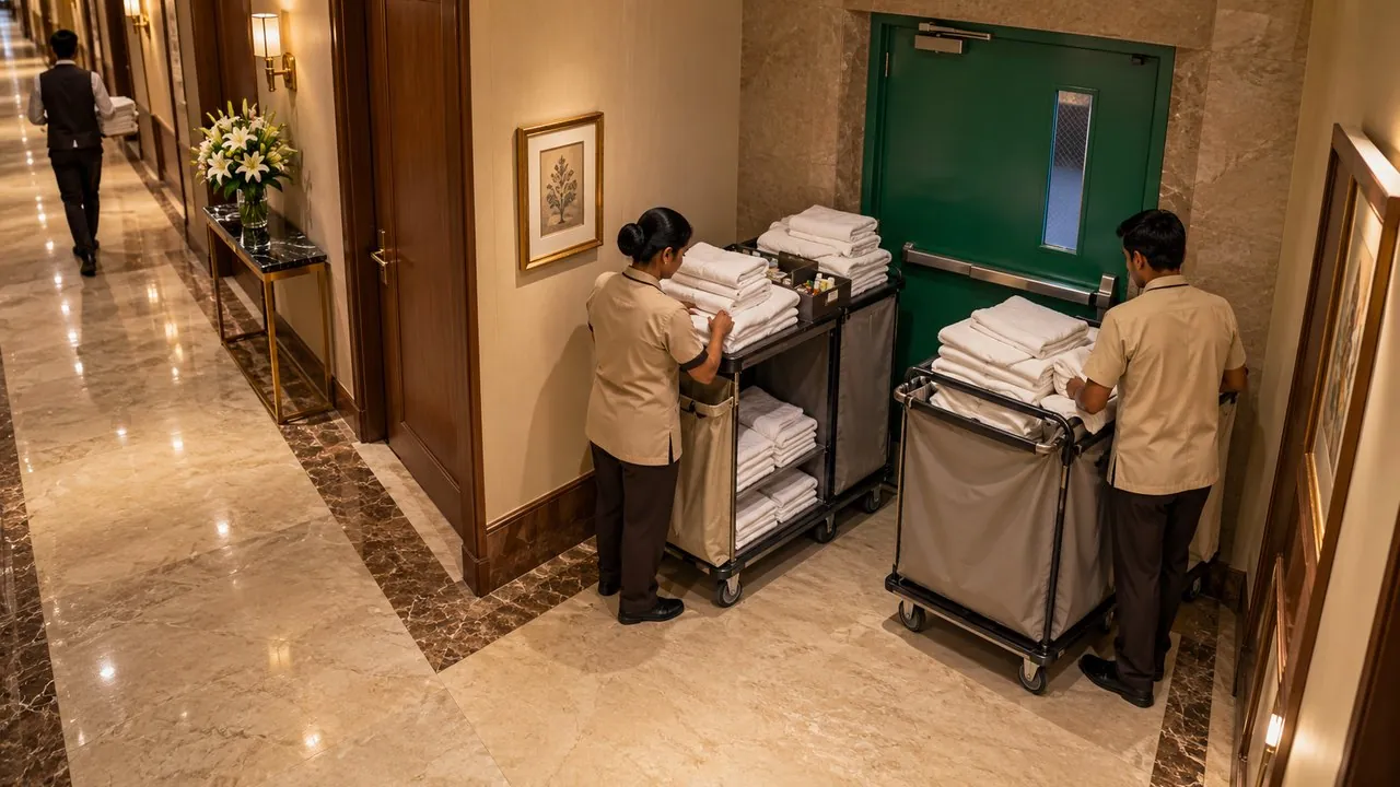 Fire exit blocked by linen carts