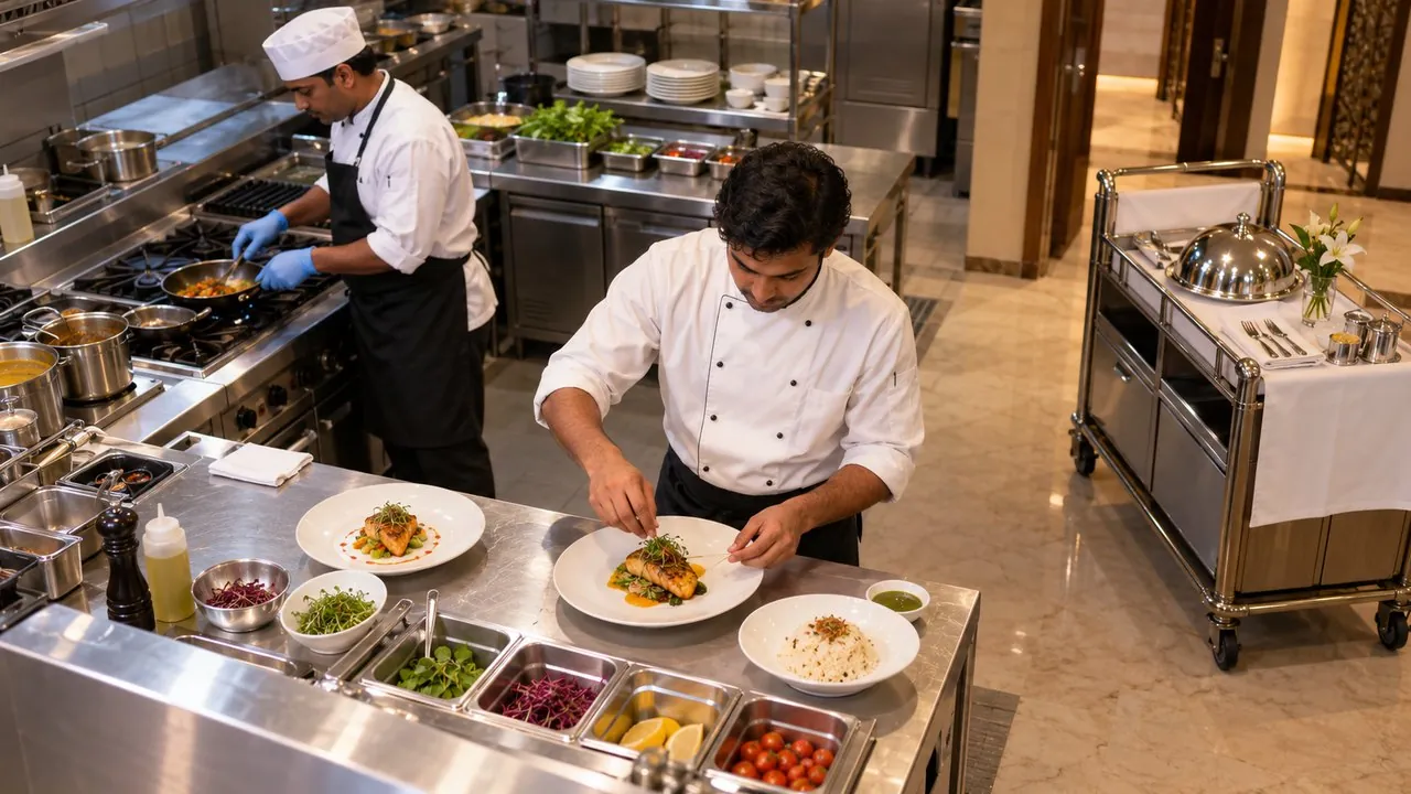 Room-service order plated without cap or gloves