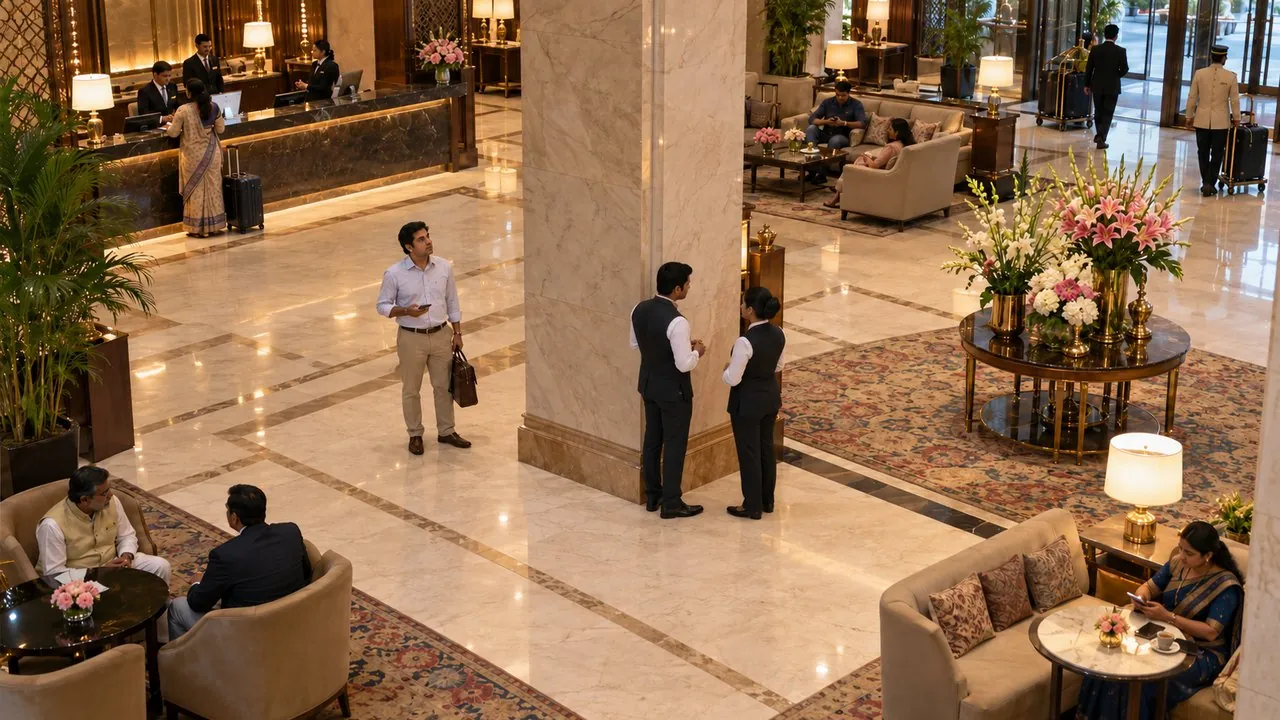 Two staff chatting, backs to a guest looking for help