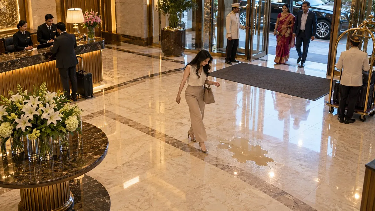 Water on the lobby floor, no wet-floor sign