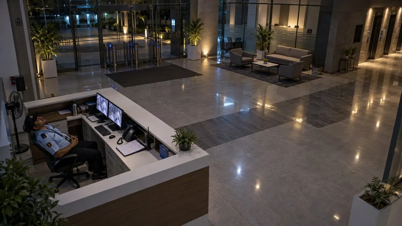 Night guard asleep at the lobby desk