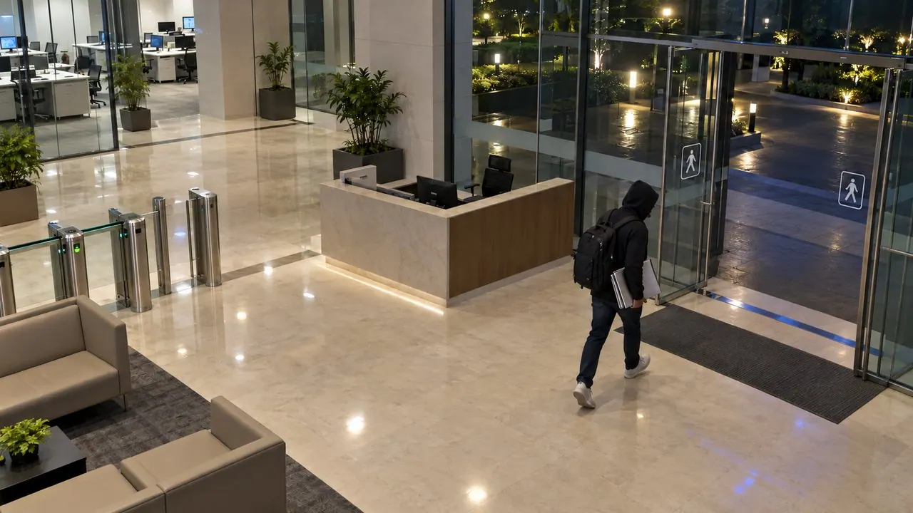 Laptops carried out at night, security desk empty