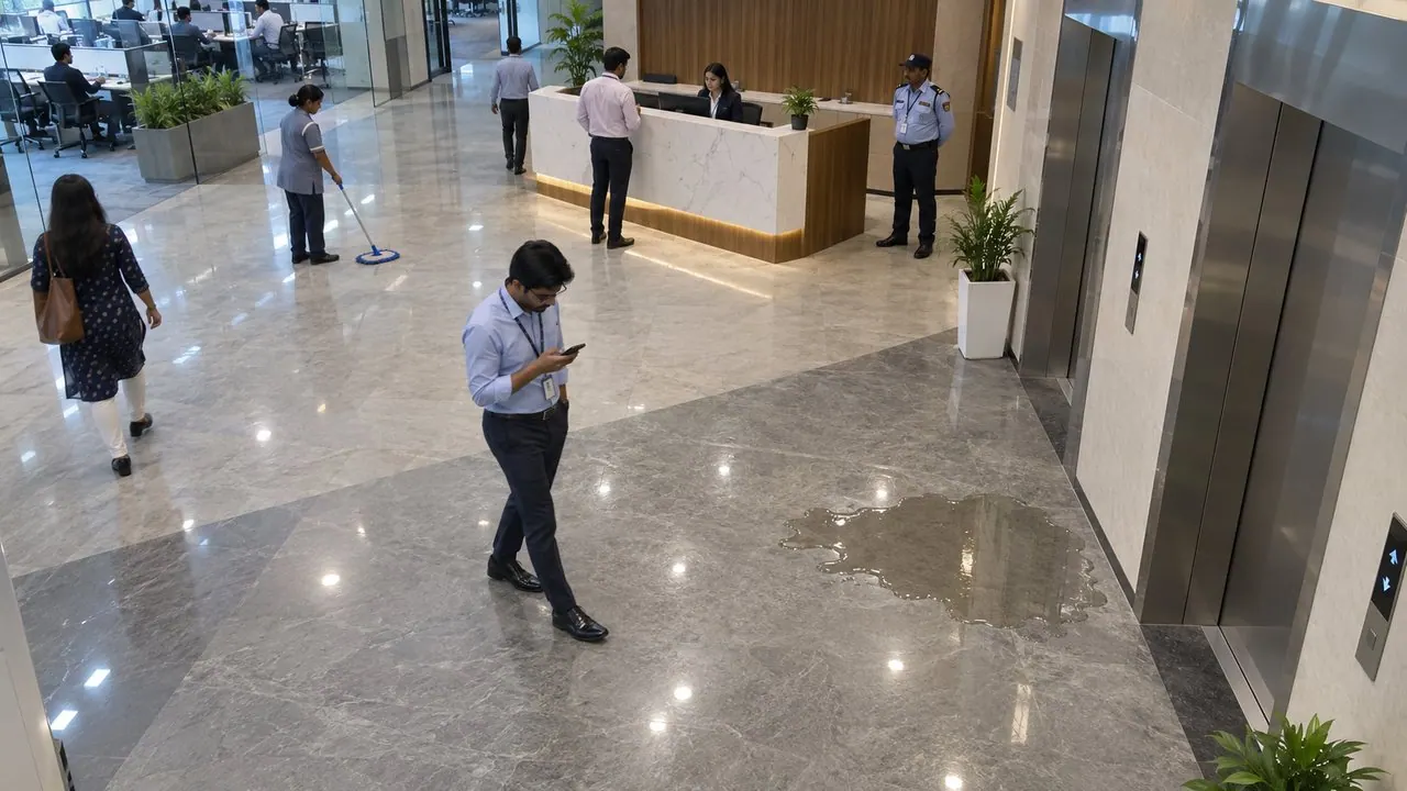 Water on the lift lobby floor, no wet-floor sign