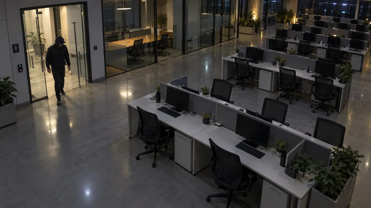 Person entering an empty floor at 11:52 PM