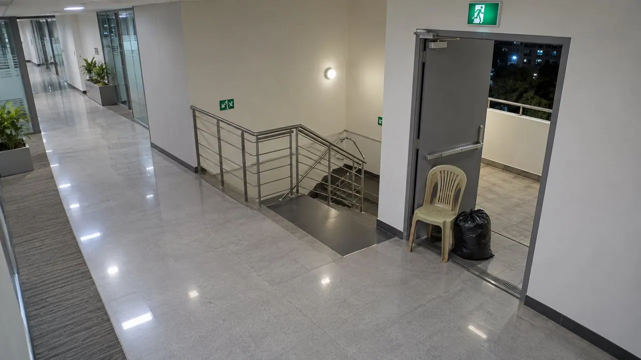 Stairwell door propped open with a chair after hours