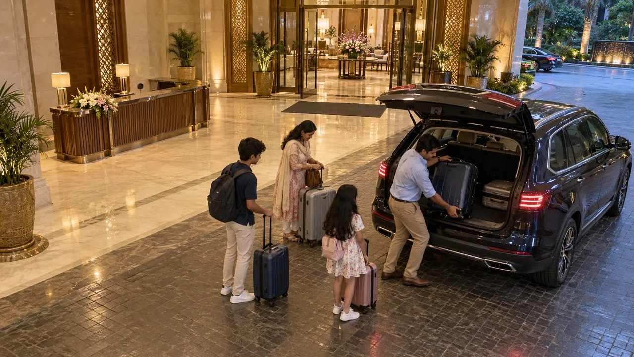 Car at the porch for 60 s, guests lifting their own bags