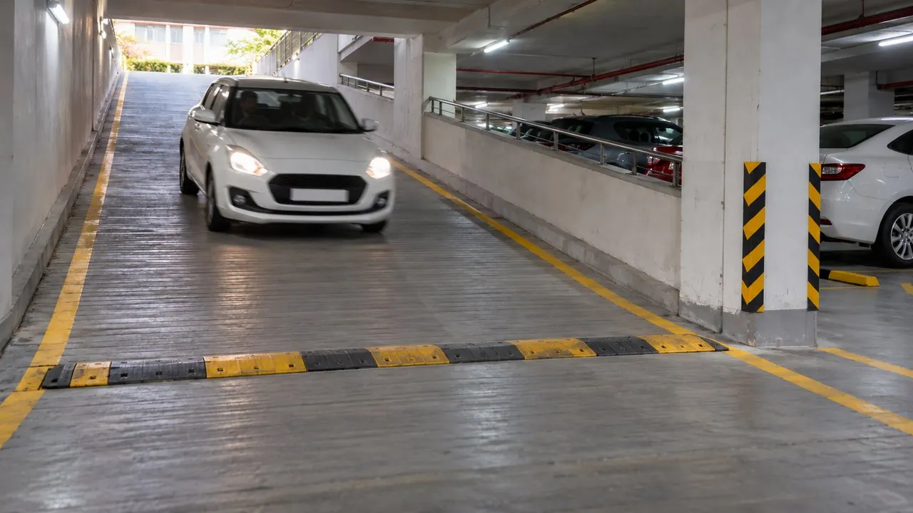 Car at about 32 km/h on the basement ramp, limit 15