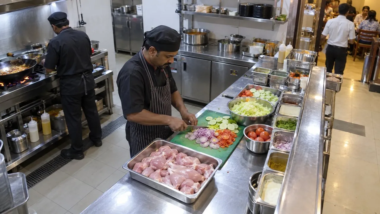 Raw chicken tray right beside the salad being cut